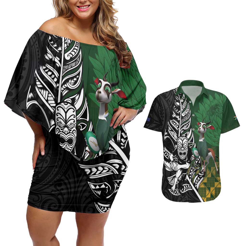 New Zealand and South Africa Rugby Custom Couples Matching Off Shoulder Short Dress and Hawaiian Shirt Maori Tiki Fern Springboks Kente Pattern LT14 Green - Polynesian Pride