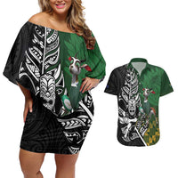 New Zealand and South Africa Rugby Custom Couples Matching Off Shoulder Short Dress and Hawaiian Shirt Maori Tiki Fern Springboks Kente Pattern LT14 Green - Polynesian Pride
