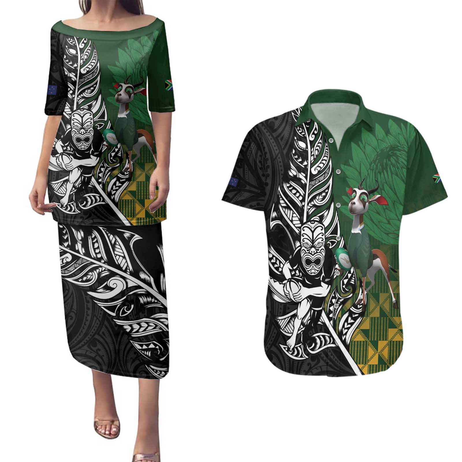 New Zealand and South Africa Rugby Custom Couples Matching Puletasi and Hawaiian Shirt Maori Tiki Fern Springboks Kente Pattern - Polynesian Pride