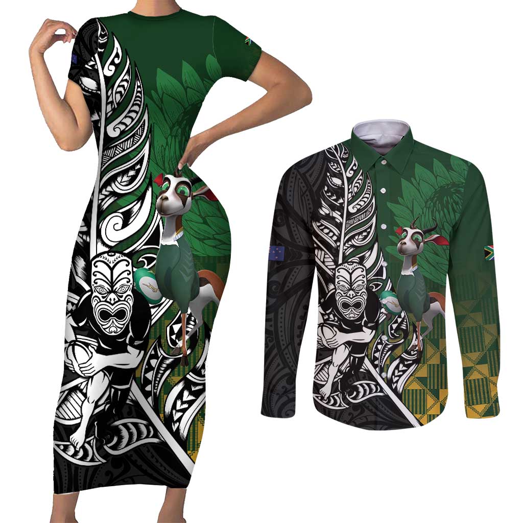 New Zealand and South Africa Rugby Custom Couples Matching Short Sleeve Bodycon Dress and Long Sleeve Button Shirt Maori Tiki Fern Springboks Kente Pattern - Polynesian Pride