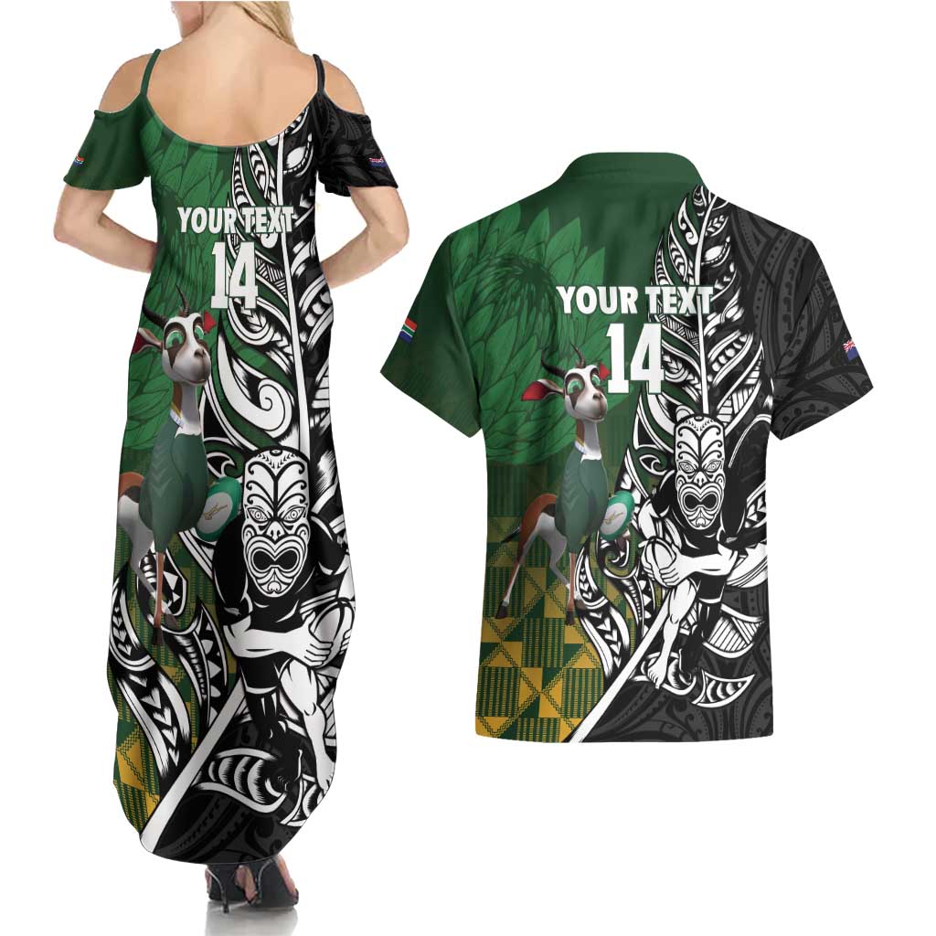 New Zealand and South Africa Rugby Custom Couples Matching Summer Maxi Dress and Hawaiian Shirt Maori Tiki Fern Springboks Kente Pattern - Polynesian Pride