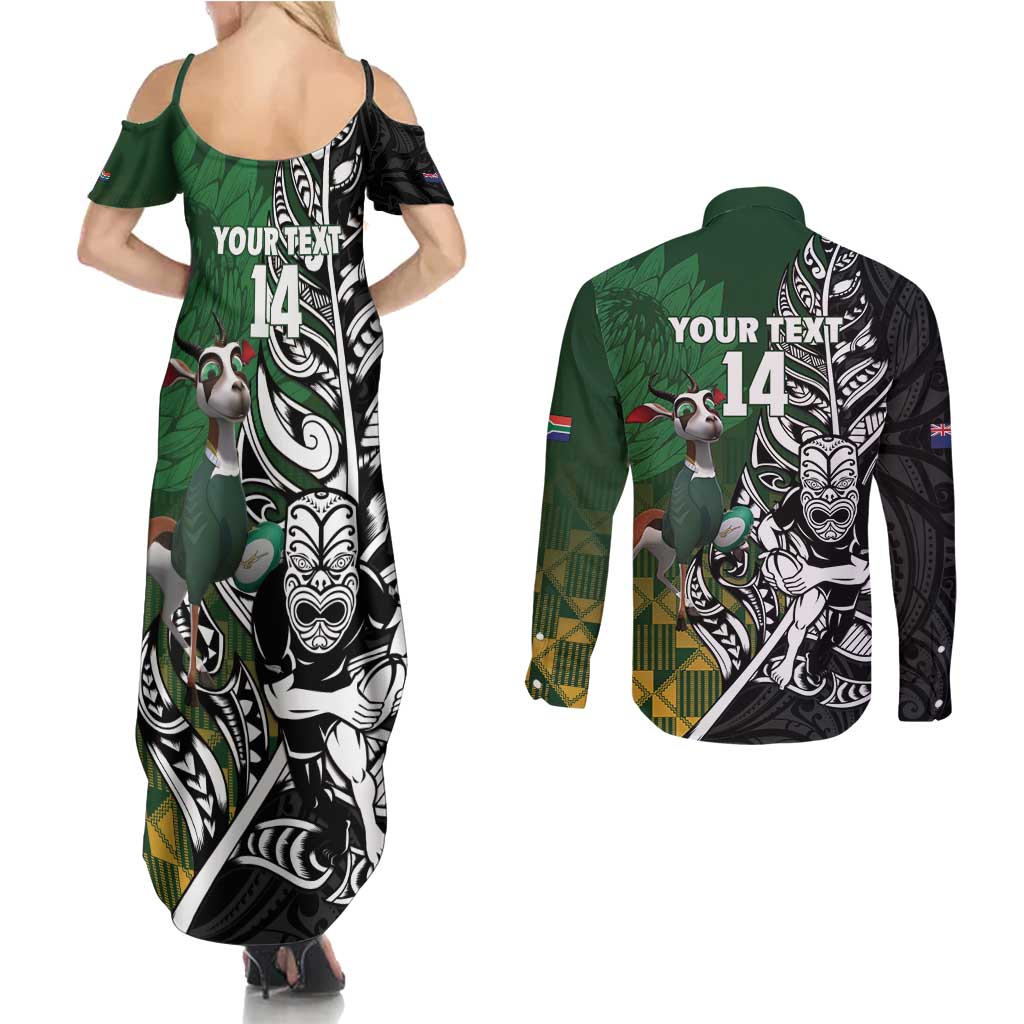 New Zealand and South Africa Rugby Custom Couples Matching Summer Maxi Dress and Long Sleeve Button Shirt Maori Tiki Fern Springboks Kente Pattern - Polynesian Pride
