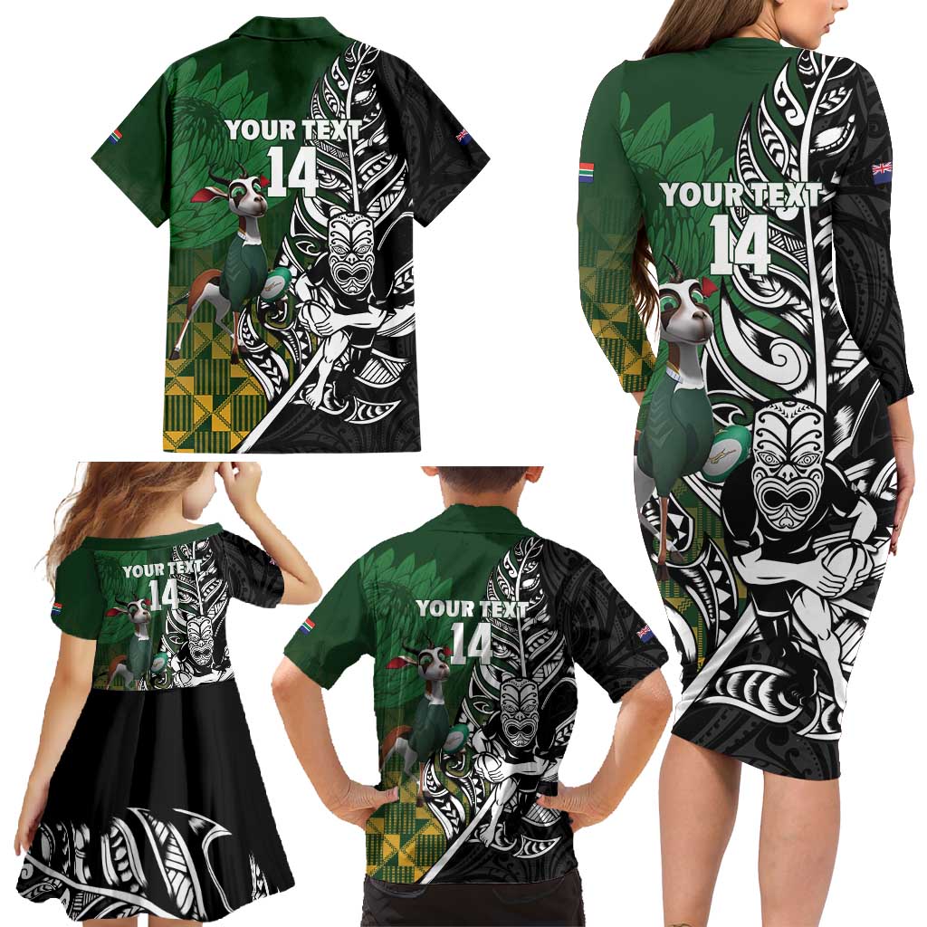 New Zealand and South Africa Rugby Custom Family Matching Long Sleeve Bodycon Dress and Hawaiian Shirt Maori Tiki Fern Springboks Kente Pattern LT14 - Polynesian Pride
