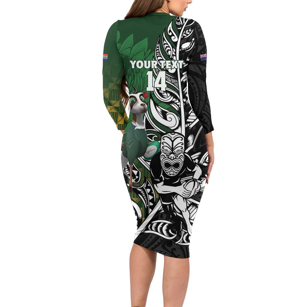 New Zealand and South Africa Rugby Custom Family Matching Long Sleeve Bodycon Dress and Hawaiian Shirt Maori Tiki Fern Springboks Kente Pattern LT14 - Polynesian Pride