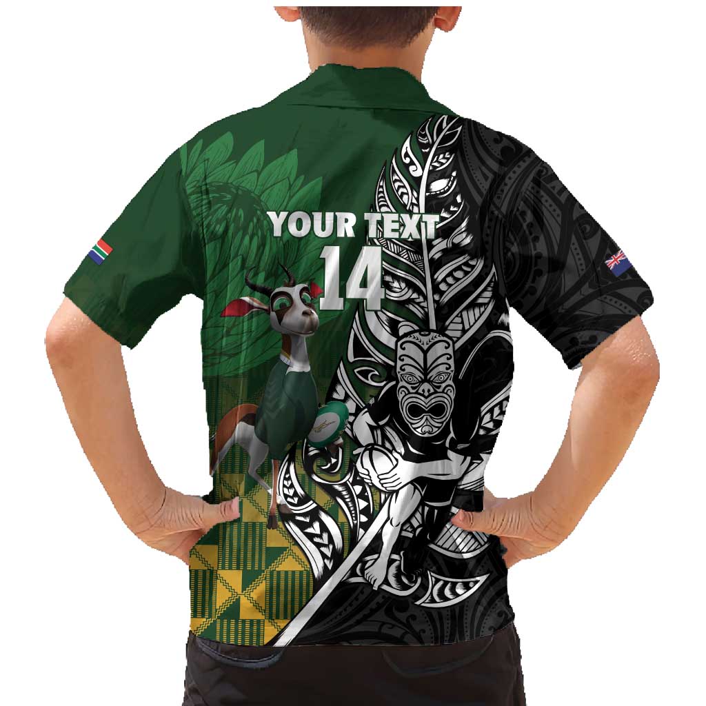 New Zealand and South Africa Rugby Custom Family Matching Mermaid Dress and Hawaiian Shirt Maori Tiki Fern Springboks Kente Pattern LT14 - Polynesian Pride