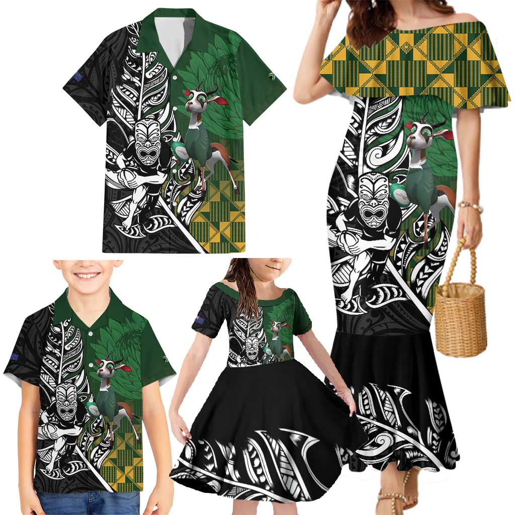 New Zealand and South Africa Rugby Custom Family Matching Mermaid Dress and Hawaiian Shirt Maori Tiki Fern Springboks Kente Pattern LT14 - Polynesian Pride