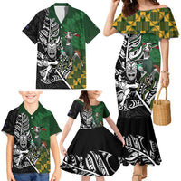 New Zealand and South Africa Rugby Custom Family Matching Mermaid Dress and Hawaiian Shirt Maori Tiki Fern Springboks Kente Pattern LT14 - Polynesian Pride