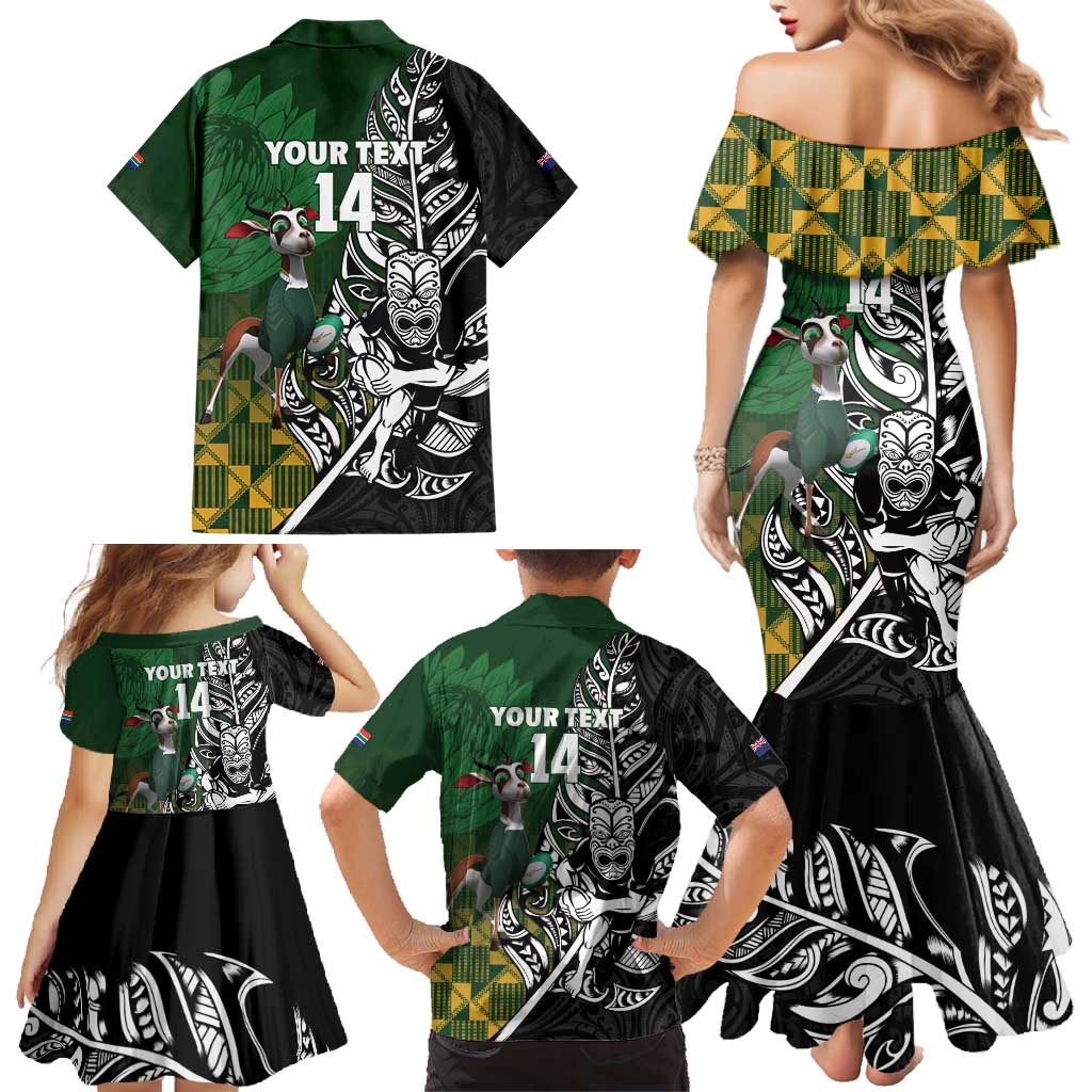 New Zealand and South Africa Rugby Custom Family Matching Mermaid Dress and Hawaiian Shirt Maori Tiki Fern Springboks Kente Pattern LT14 - Polynesian Pride