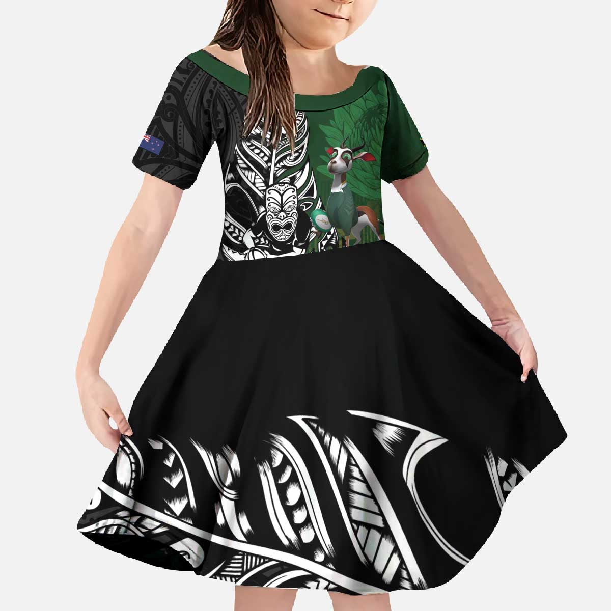 New Zealand and South Africa Rugby Custom Family Matching Off The Shoulder Long Sleeve Dress and Hawaiian Shirt Maori Tiki Fern Springboks Kente Pattern LT14 Daughter's Dress Green - Polynesian Pride