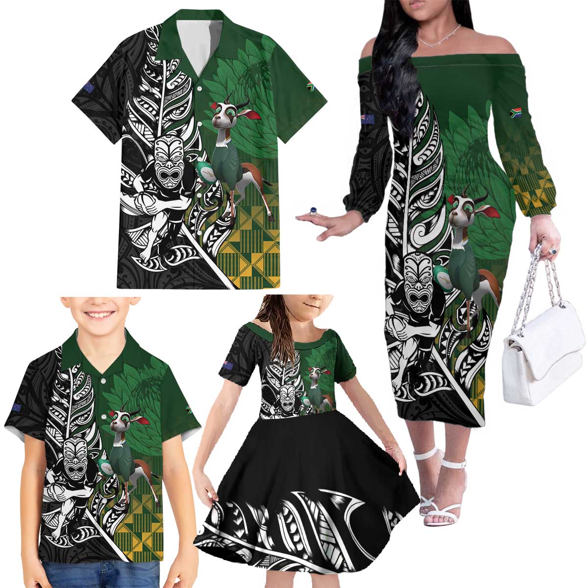 New Zealand and South Africa Rugby Custom Family Matching Off The Shoulder Long Sleeve Dress and Hawaiian Shirt Maori Tiki Fern Springboks Kente Pattern LT14 - Polynesian Pride