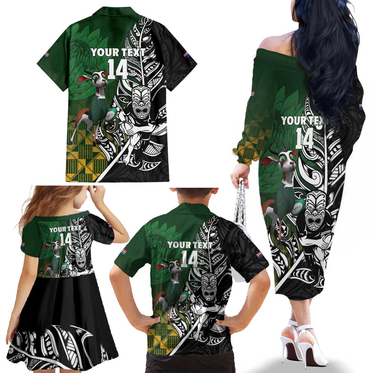 New Zealand and South Africa Rugby Custom Family Matching Off The Shoulder Long Sleeve Dress and Hawaiian Shirt Maori Tiki Fern Springboks Kente Pattern LT14 - Polynesian Pride