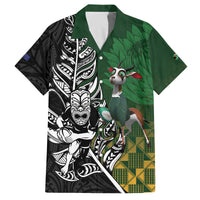 New Zealand and South Africa Rugby Custom Family Matching Off The Shoulder Long Sleeve Dress and Hawaiian Shirt Maori Tiki Fern Springboks Kente Pattern LT14 Dad's Shirt - Short Sleeve Green - Polynesian Pride