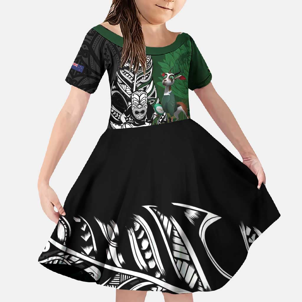 New Zealand and South Africa Rugby Custom Family Matching Off Shoulder Maxi Dress and Hawaiian Shirt Maori Tiki Fern Springboks Kente Pattern LT14 Daughter's Dress Green - Polynesian Pride