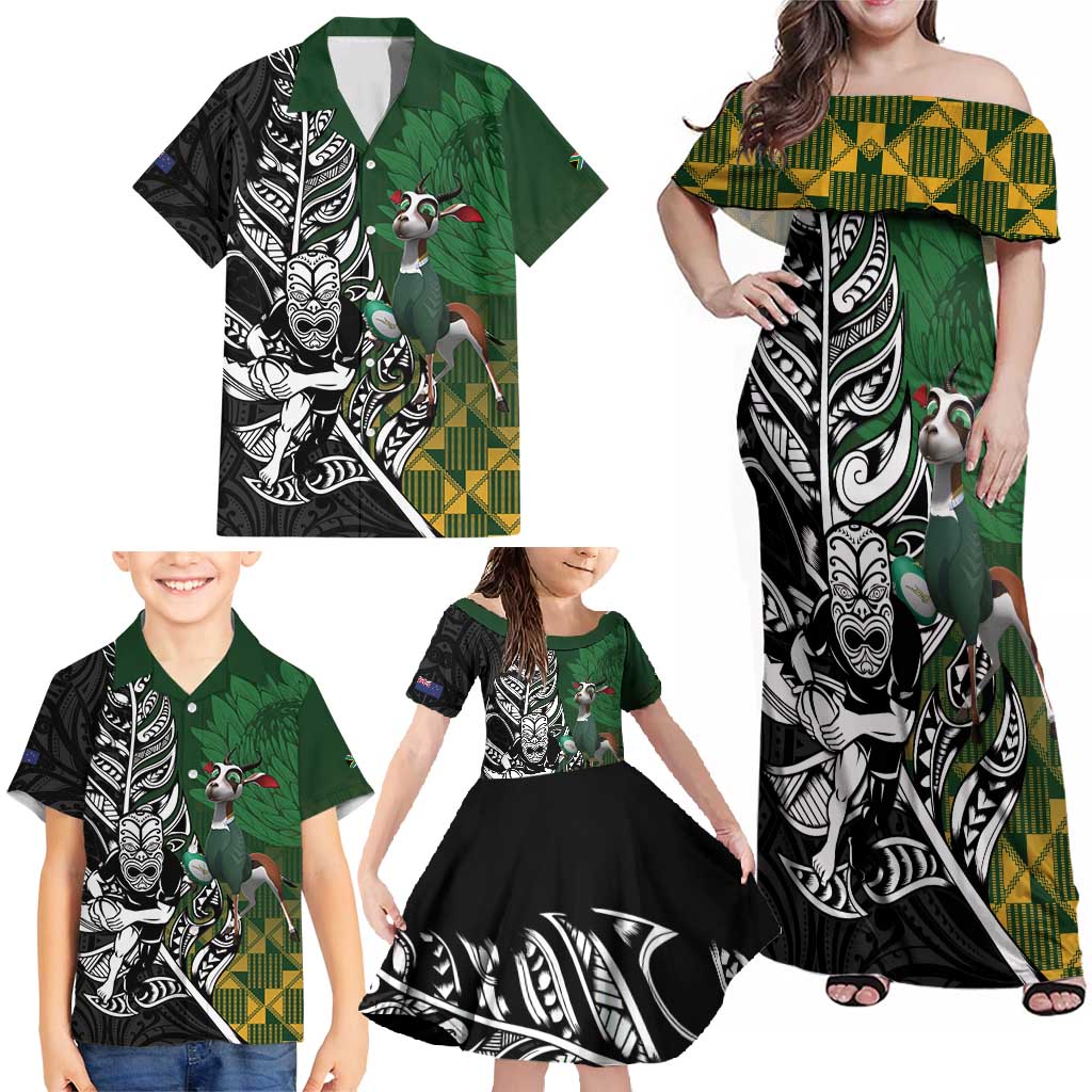 New Zealand and South Africa Rugby Custom Family Matching Off Shoulder Maxi Dress and Hawaiian Shirt Maori Tiki Fern Springboks Kente Pattern LT14 - Polynesian Pride