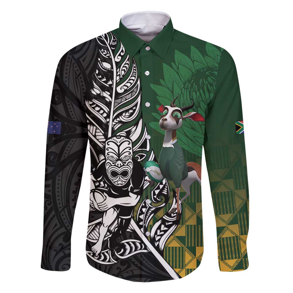 New Zealand and South Africa Rugby Custom Family Matching Off Shoulder Maxi Dress and Hawaiian Shirt Maori Tiki Fern Springboks Kente Pattern LT14 Dad's Shirt - Long Sleeve Green - Polynesian Pride