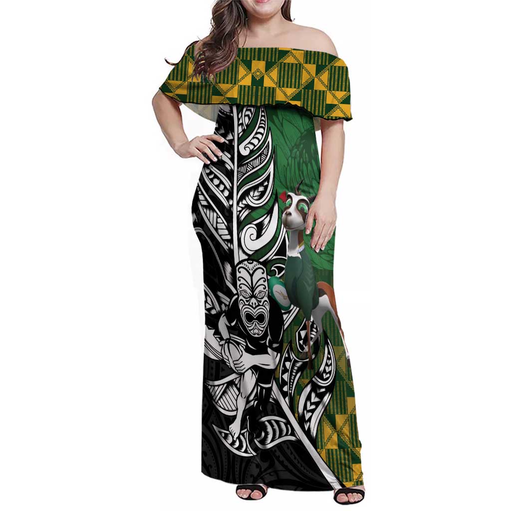 New Zealand and South Africa Rugby Custom Family Matching Off Shoulder Maxi Dress and Hawaiian Shirt Maori Tiki Fern Springboks Kente Pattern LT14 Mom's Dress Green - Polynesian Pride