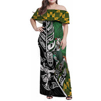 New Zealand and South Africa Rugby Custom Family Matching Off Shoulder Maxi Dress and Hawaiian Shirt Maori Tiki Fern Springboks Kente Pattern LT14 Mom's Dress Green - Polynesian Pride