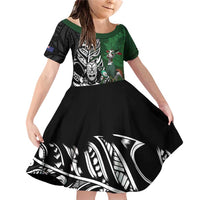 New Zealand and South Africa Rugby Custom Family Matching Off Shoulder Short Dress and Hawaiian Shirt Maori Tiki Fern Springboks Kente Pattern LT14 Daughter's Dress Green - Polynesian Pride