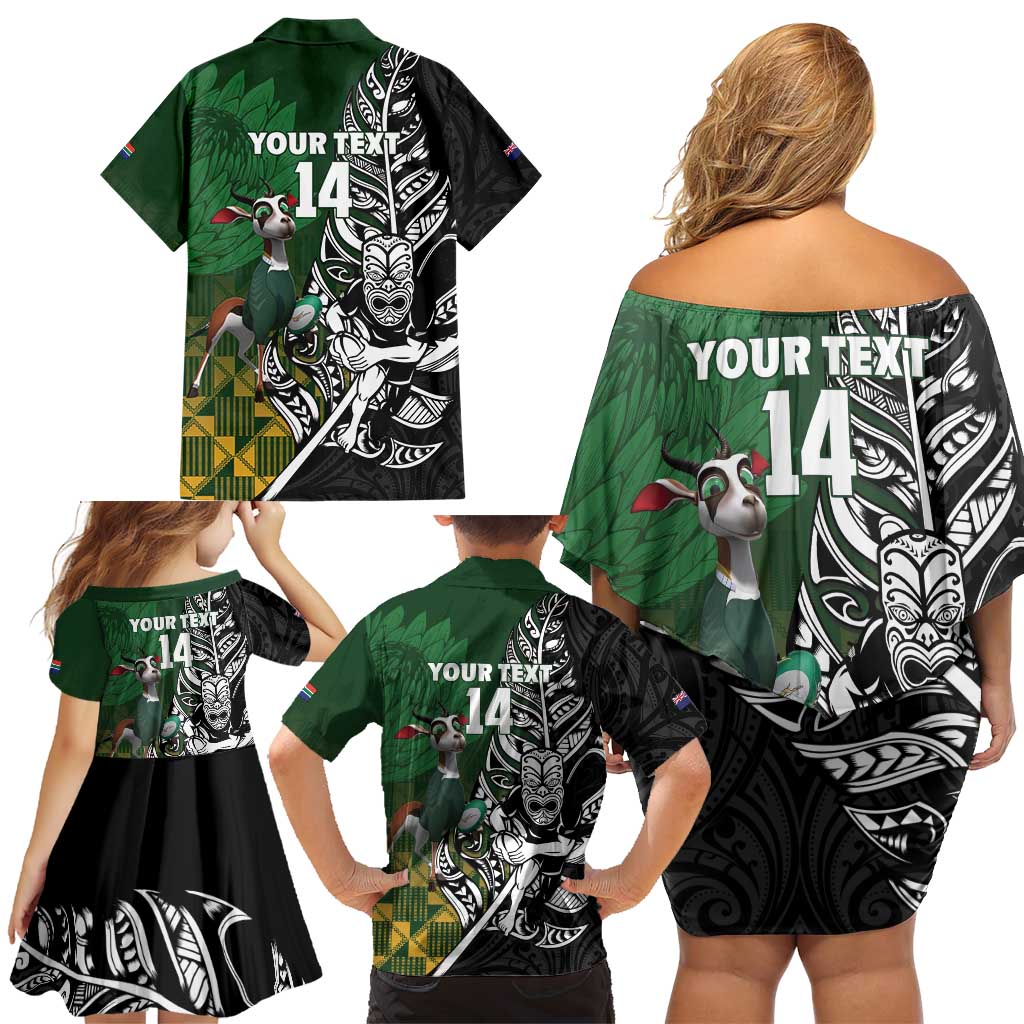New Zealand and South Africa Rugby Custom Family Matching Off Shoulder Short Dress and Hawaiian Shirt Maori Tiki Fern Springboks Kente Pattern LT14 - Polynesian Pride