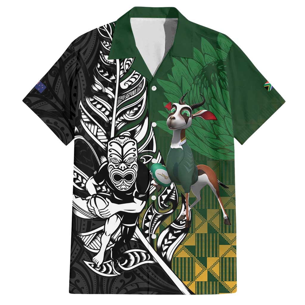 New Zealand and South Africa Rugby Custom Family Matching Off Shoulder Short Dress and Hawaiian Shirt Maori Tiki Fern Springboks Kente Pattern LT14 Dad's Shirt - Short Sleeve Green - Polynesian Pride