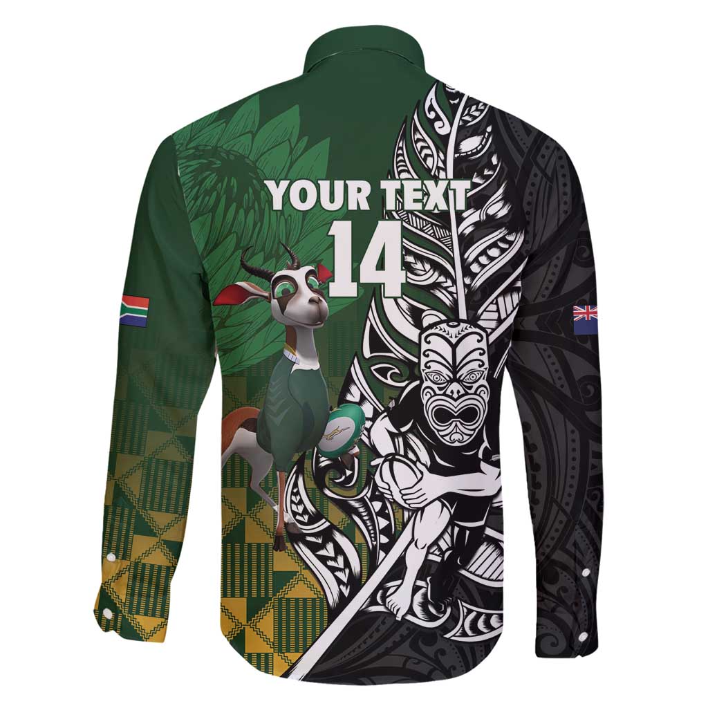 New Zealand and South Africa Rugby Custom Family Matching Off Shoulder Short Dress and Hawaiian Shirt Maori Tiki Fern Springboks Kente Pattern LT14 - Polynesian Pride