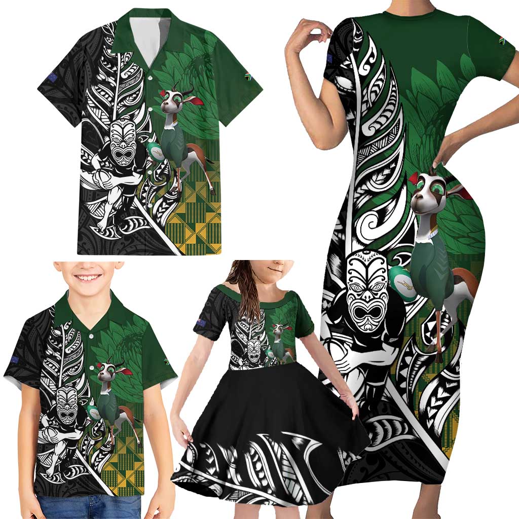 New Zealand and South Africa Rugby Custom Family Matching Short Sleeve Bodycon Dress and Hawaiian Shirt Maori Tiki Fern Springboks Kente Pattern LT14 - Polynesian Pride