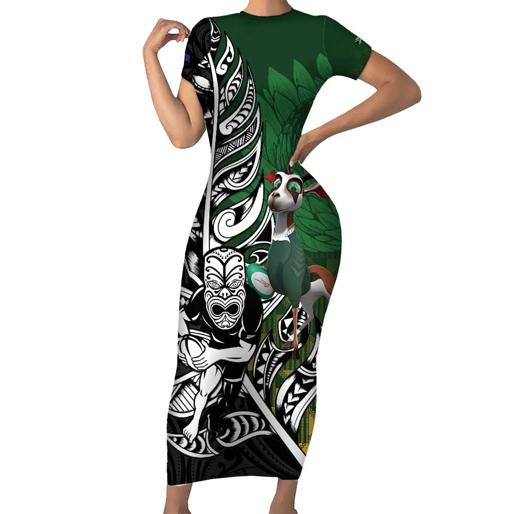 New Zealand and South Africa Rugby Custom Family Matching Short Sleeve Bodycon Dress and Hawaiian Shirt Maori Tiki Fern Springboks Kente Pattern LT14 Mom's Dress Green - Polynesian Pride