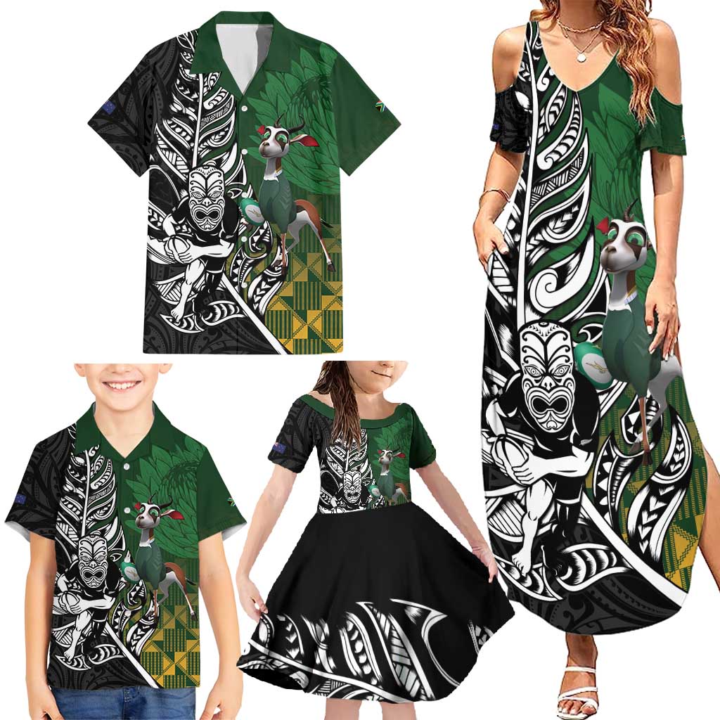 New Zealand and South Africa Rugby Custom Family Matching Summer Maxi Dress and Hawaiian Shirt Maori Tiki Fern Springboks Kente Pattern LT14 - Polynesian Pride