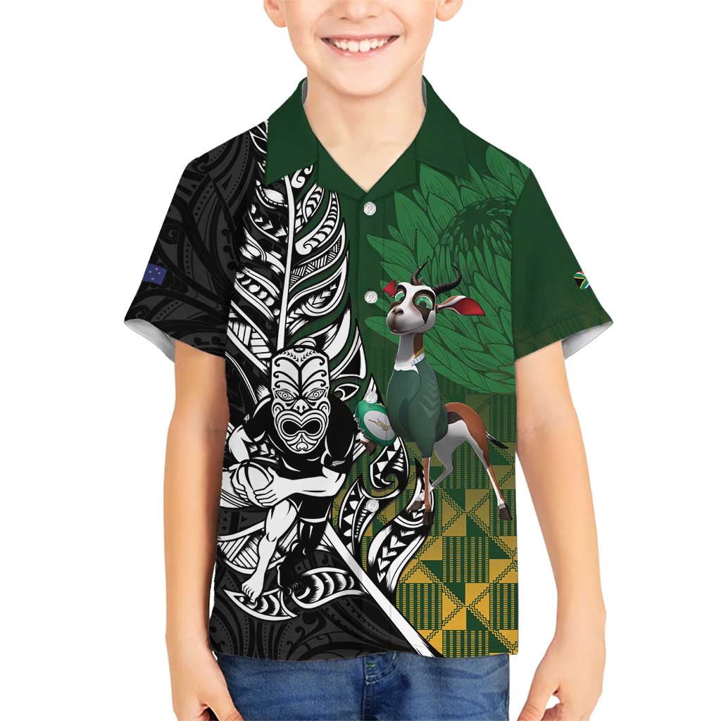 New Zealand and South Africa Rugby Custom Family Matching Summer Maxi Dress and Hawaiian Shirt Maori Tiki Fern Springboks Kente Pattern LT14 Son's Shirt Green - Polynesian Pride