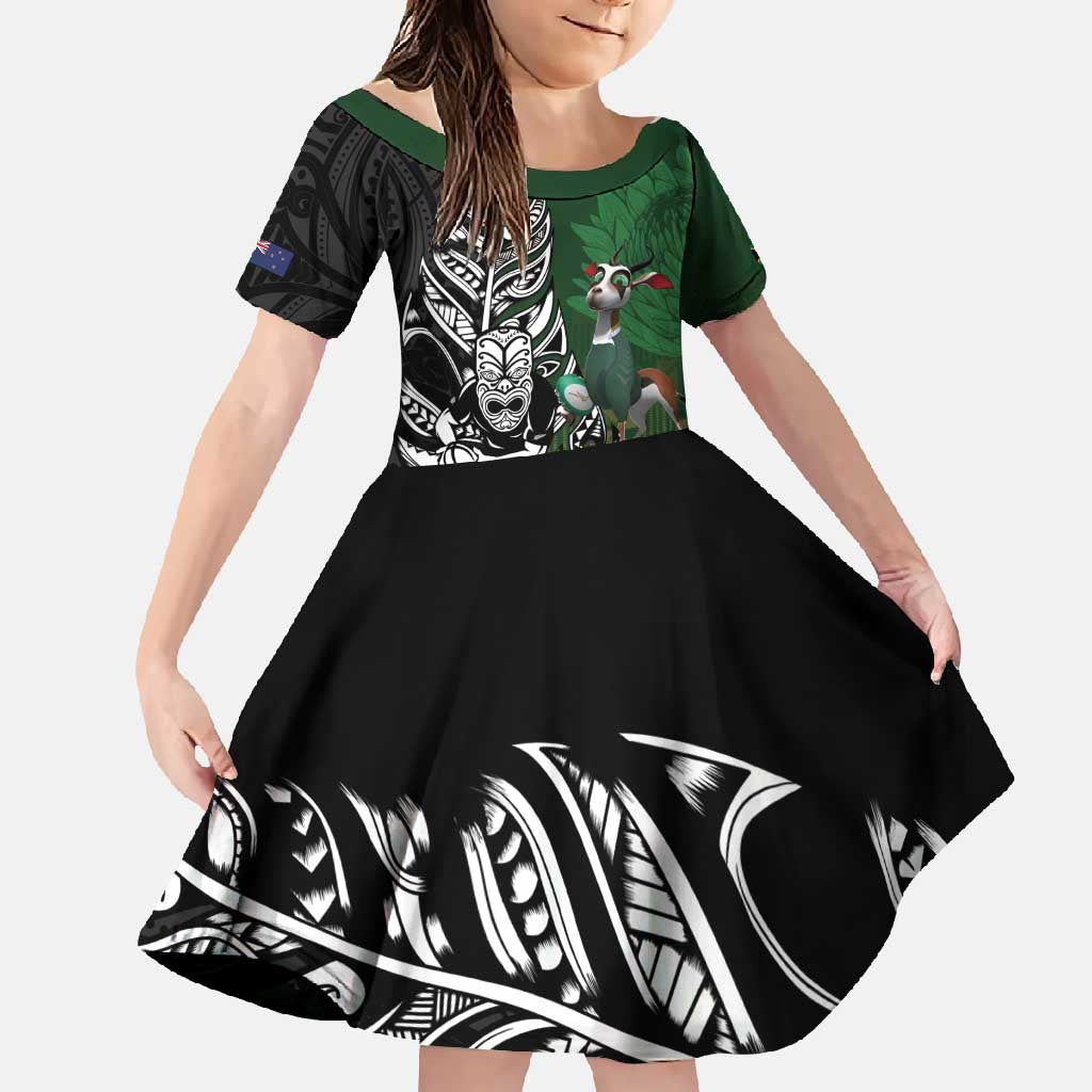 New Zealand and South Africa Rugby Custom Family Matching Tank Maxi Dress and Hawaiian Shirt Maori Tiki Fern Springboks Kente Pattern LT14 Daughter's Dress Green - Polynesian Pride