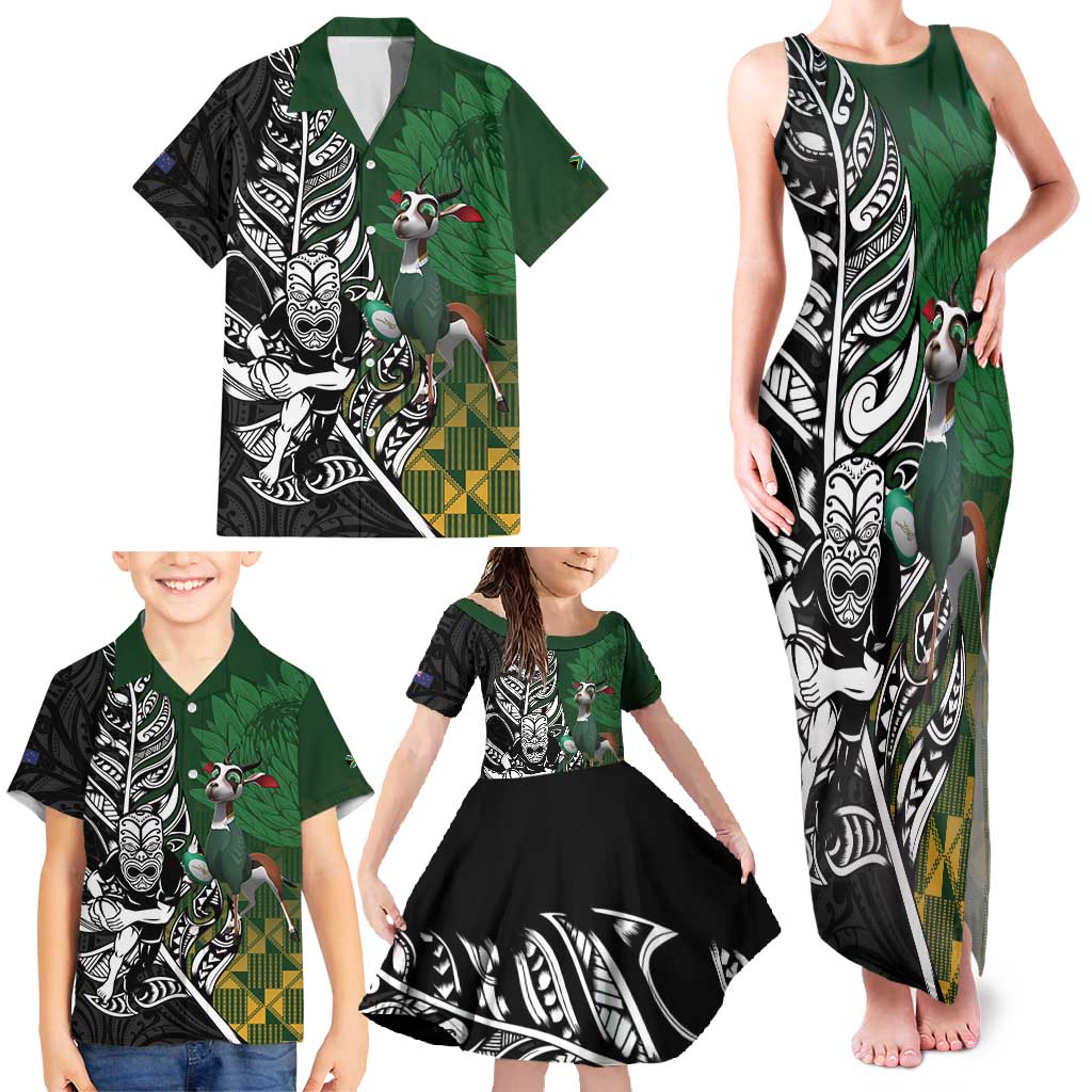 New Zealand and South Africa Rugby Custom Family Matching Tank Maxi Dress and Hawaiian Shirt Maori Tiki Fern Springboks Kente Pattern LT14 - Polynesian Pride