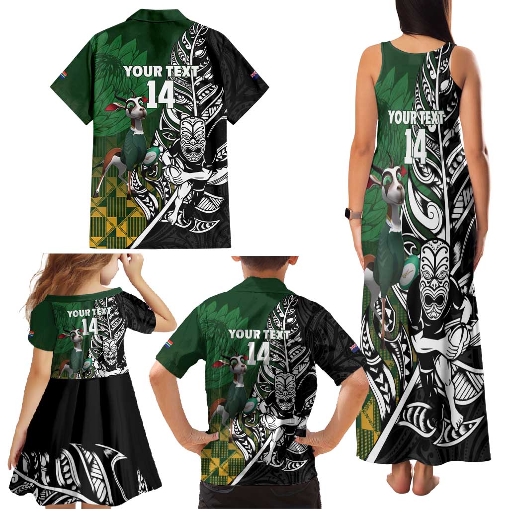 New Zealand and South Africa Rugby Custom Family Matching Tank Maxi Dress and Hawaiian Shirt Maori Tiki Fern Springboks Kente Pattern LT14 - Polynesian Pride