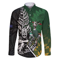 New Zealand and South Africa Rugby Custom Family Matching Tank Maxi Dress and Hawaiian Shirt Maori Tiki Fern Springboks Kente Pattern LT14 Dad's Shirt - Long Sleeve Green - Polynesian Pride