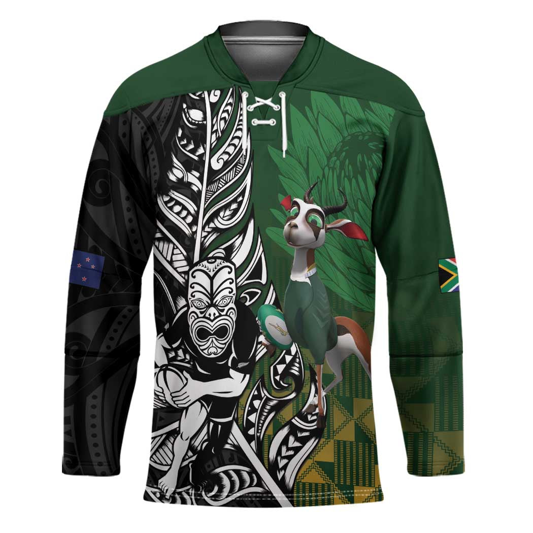New Zealand and South Africa Rugby Custom Hockey Jersey Maori Tiki Fern Springboks Kente Pattern LT14 Unisex Green - Polynesian Pride