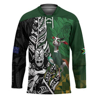 New Zealand and South Africa Rugby Custom Hockey Jersey Maori Tiki Fern Springboks Kente Pattern LT14 Unisex Green - Polynesian Pride