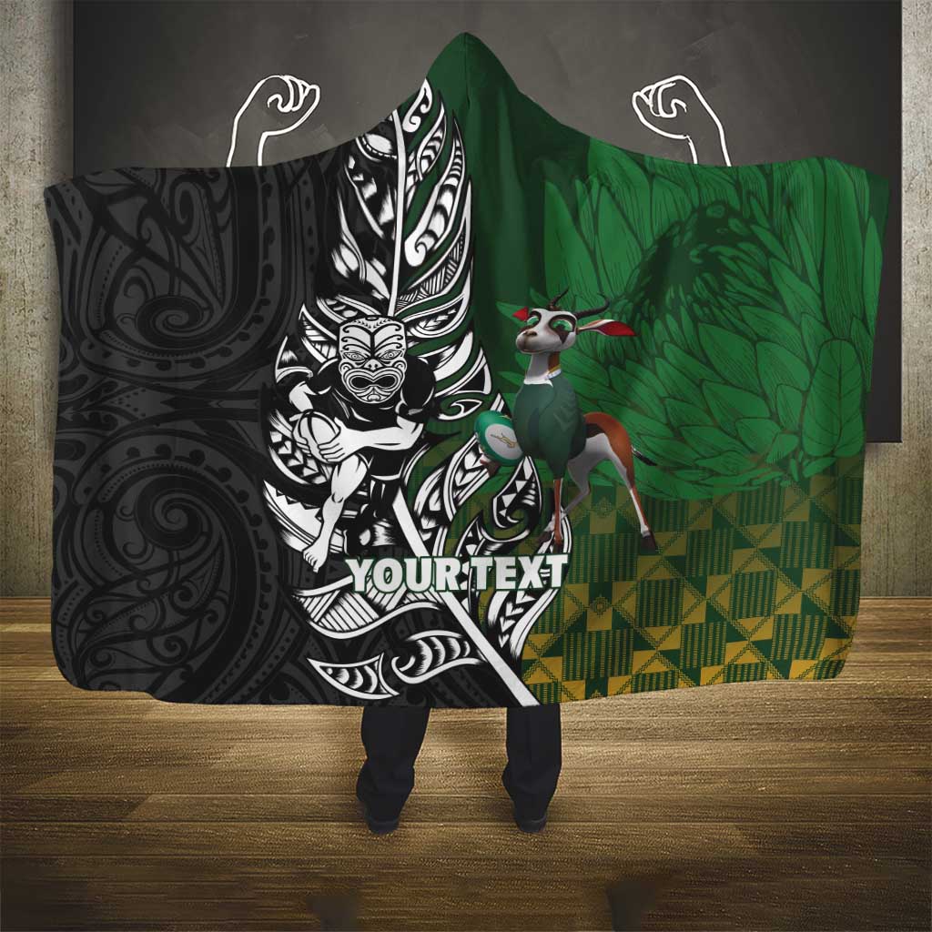 New Zealand and South Africa Rugby Custom Hooded Blanket Maori Tiki Fern Springboks Kente Pattern LT14 - Polynesian Pride