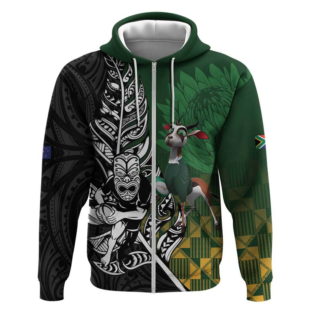 New Zealand and South Africa Rugby Custom Hoodie Maori Tiki Fern Springboks Kente Pattern LT14 Zip Hoodie Green - Polynesian Pride