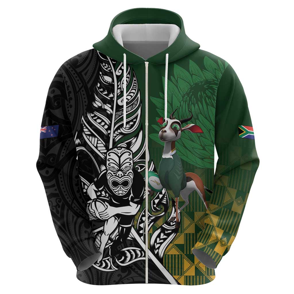 New Zealand and South Africa Rugby Custom Hoodie Maori Tiki Fern Springboks Kente Pattern LT14 - Polynesian Pride