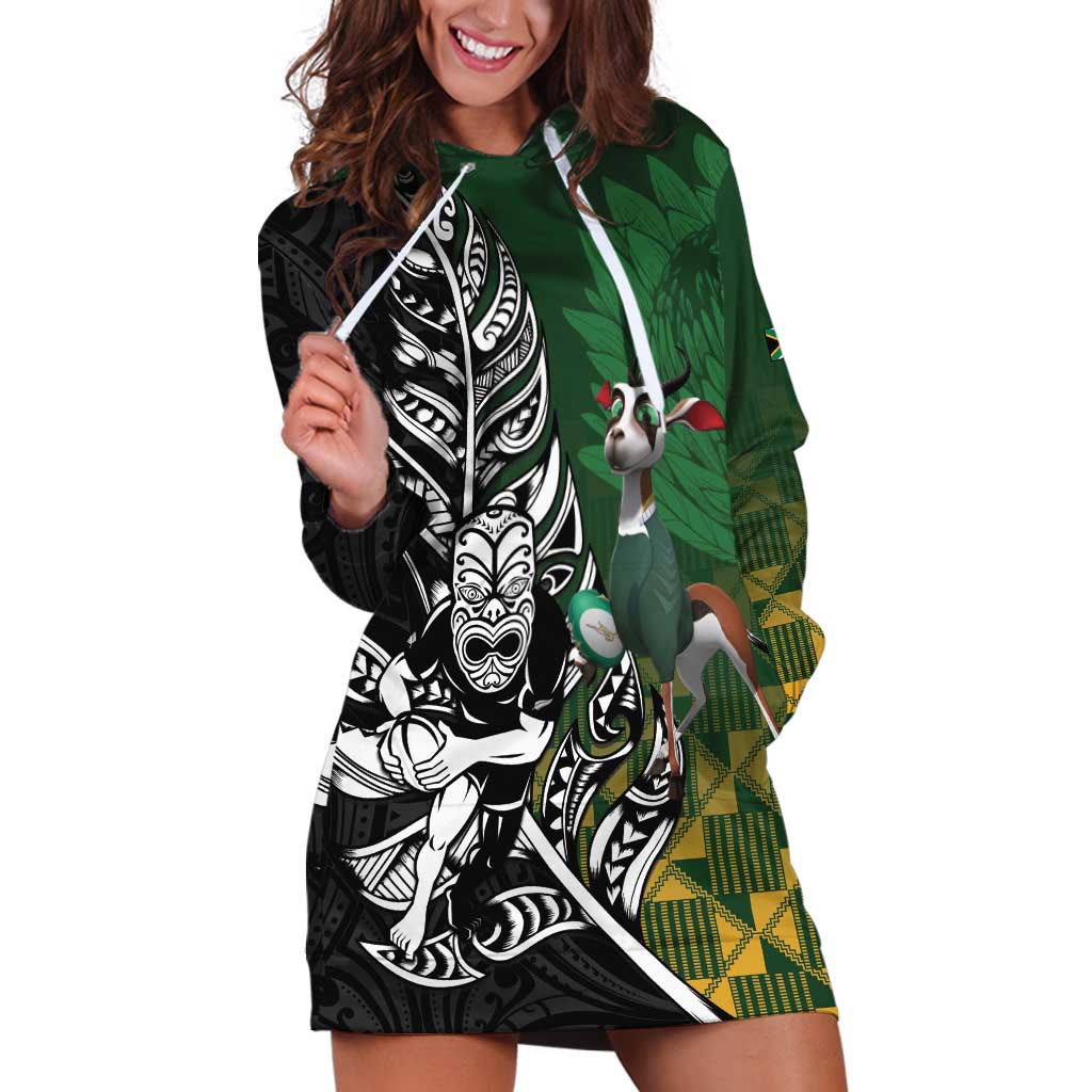 New Zealand and South Africa Rugby Custom Hoodie Dress Maori Tiki Fern Springboks Kente Pattern LT14 Green - Polynesian Pride