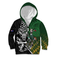 New Zealand and South Africa Rugby Custom Kid Hoodie Maori Tiki Fern Springboks Kente Pattern LT14 Zip Hoodie Green - Polynesian Pride