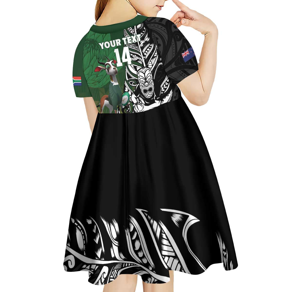 New Zealand and South Africa Rugby Custom Kid Short Sleeve Dress Maori Tiki Fern Springboks Kente Pattern LT14 - Polynesian Pride