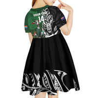 New Zealand and South Africa Rugby Custom Kid Short Sleeve Dress Maori Tiki Fern Springboks Kente Pattern LT14 - Polynesian Pride