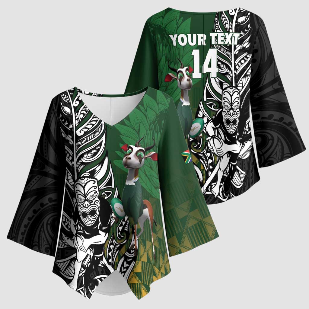 New Zealand and South Africa Rugby Custom Kimono Sleeve Blouse Maori Tiki Fern Springboks Kente Pattern LT14 - Polynesian Pride
