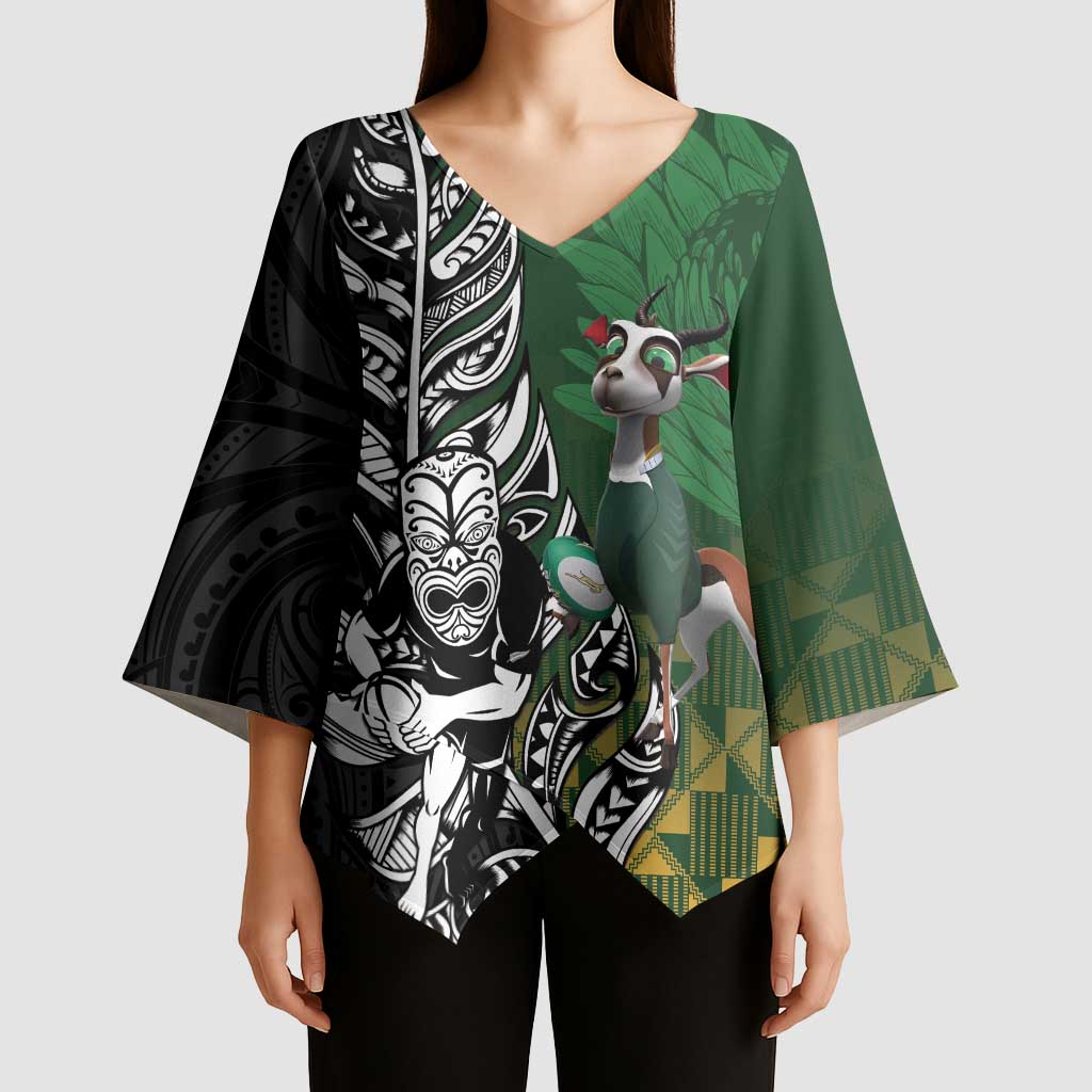 New Zealand and South Africa Rugby Custom Kimono Sleeve Blouse Maori Tiki Fern Springboks Kente Pattern LT14 - Polynesian Pride