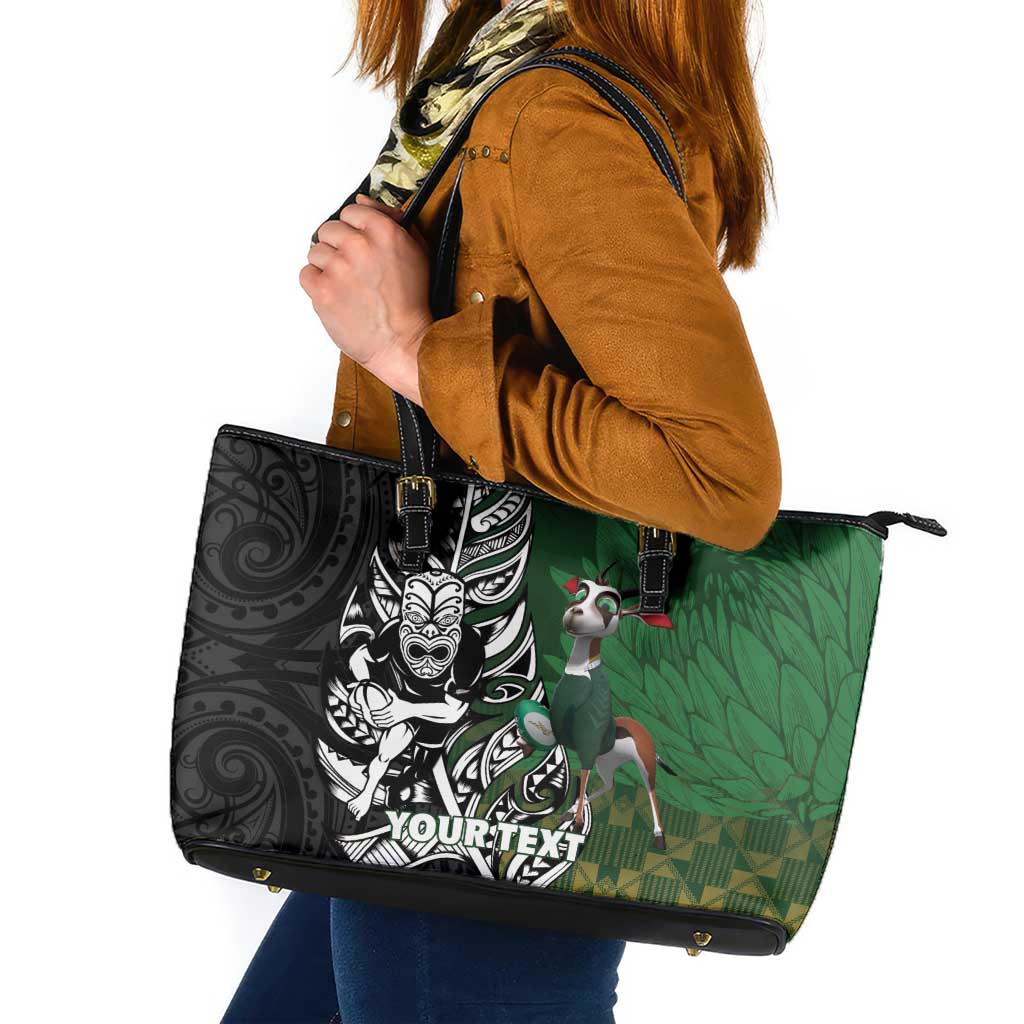 New Zealand and South Africa Rugby Custom Leather Tote Bag Maori Tiki Fern Springboks Kente Pattern LT14 Green - Polynesian Pride