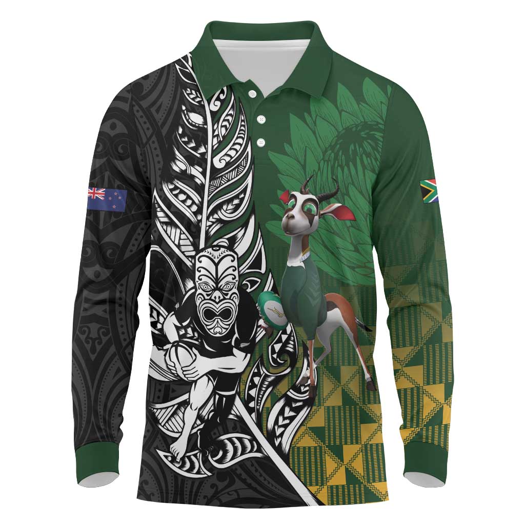 New Zealand and South Africa Rugby Custom Long Sleeve Polo Shirt Maori Tiki Fern Springboks Kente Pattern LT14 Green - Polynesian Pride
