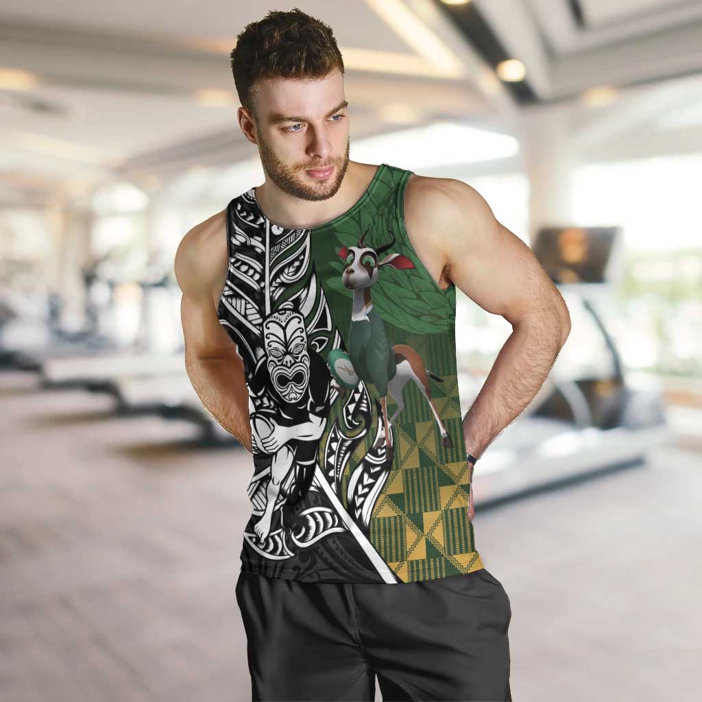 New Zealand and South Africa Rugby Custom Men Tank Top Maori Tiki Fern Springboks Kente Pattern LT14 Green - Polynesian Pride