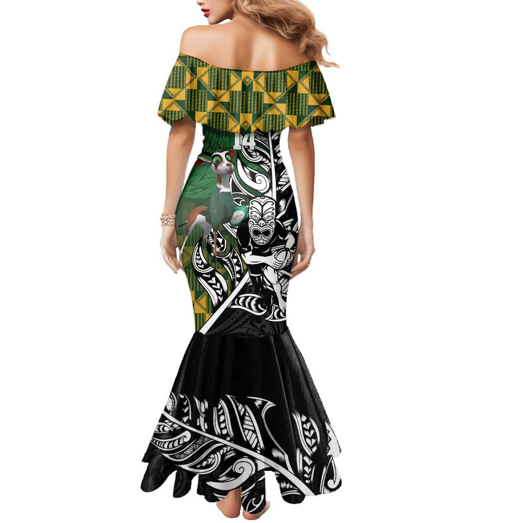 New Zealand and South Africa Rugby Custom Mermaid Dress Maori Tiki Fern Springboks Kente Pattern LT14 - Polynesian Pride
