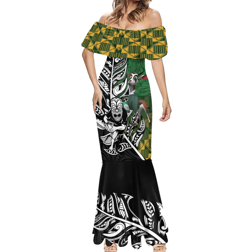 New Zealand and South Africa Rugby Custom Mermaid Dress Maori Tiki Fern Springboks Kente Pattern LT14 - Polynesian Pride