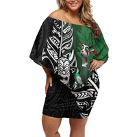 New Zealand and South Africa Rugby Custom Off Shoulder Short Dress Maori Tiki Fern Springboks Kente Pattern LT14 Women Green - Polynesian Pride